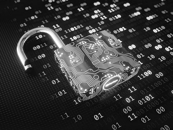 image of a padlock made of binary with a circuit board texture